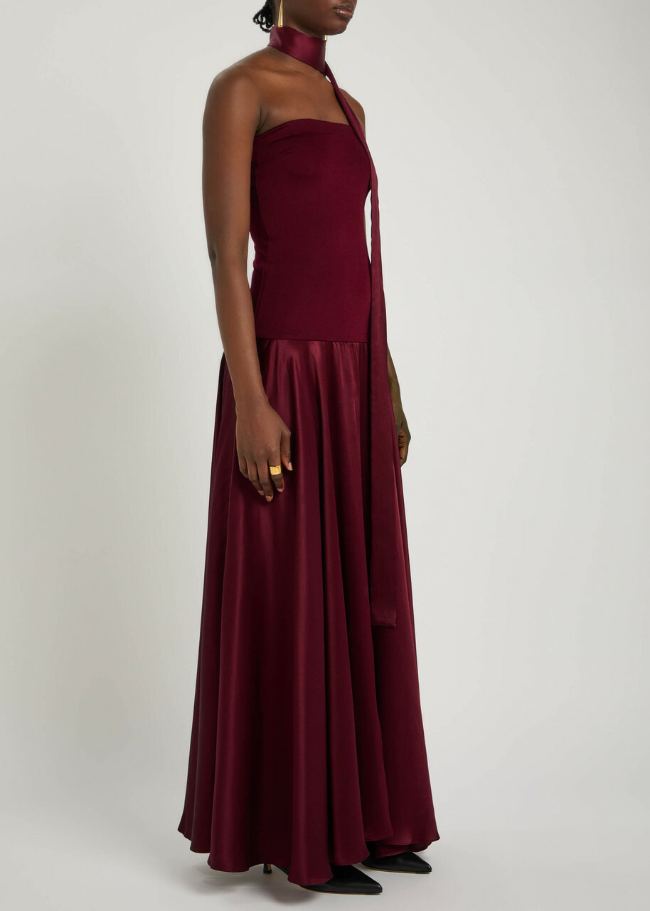 Esse Studios Illi Scarf-effect Silk and Stretch-knit Maxi Dress Burgundy