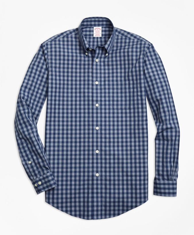Photo: Brooks Brothers Men's Madison Relaxed-Fit Sport Shirt, Non-Iron Heathered Gingham | Navy