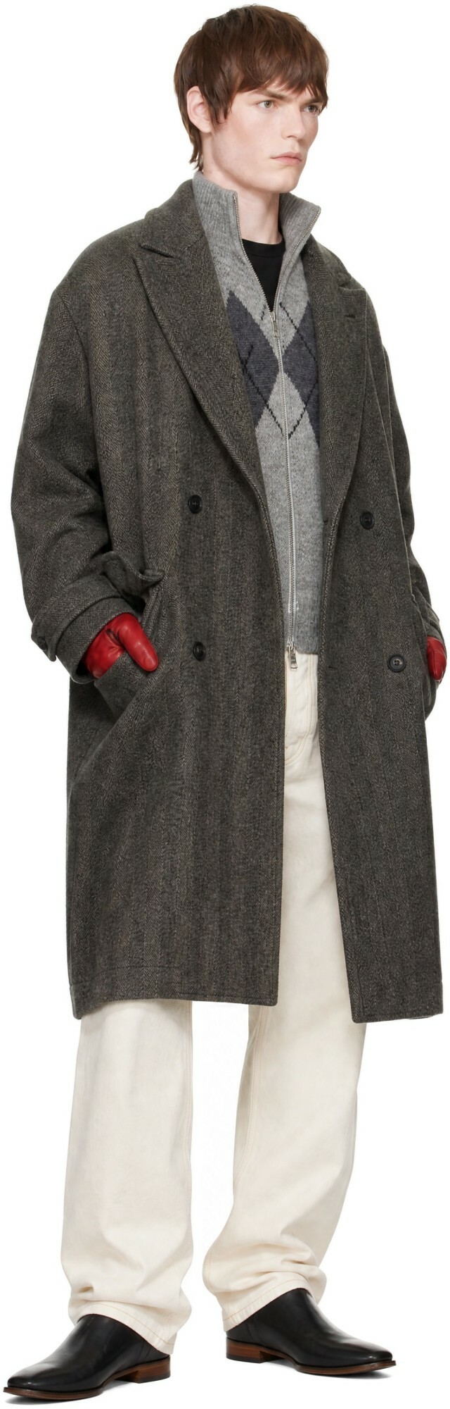 COOR Brown Classy Herringbone Twill Heavy Coat