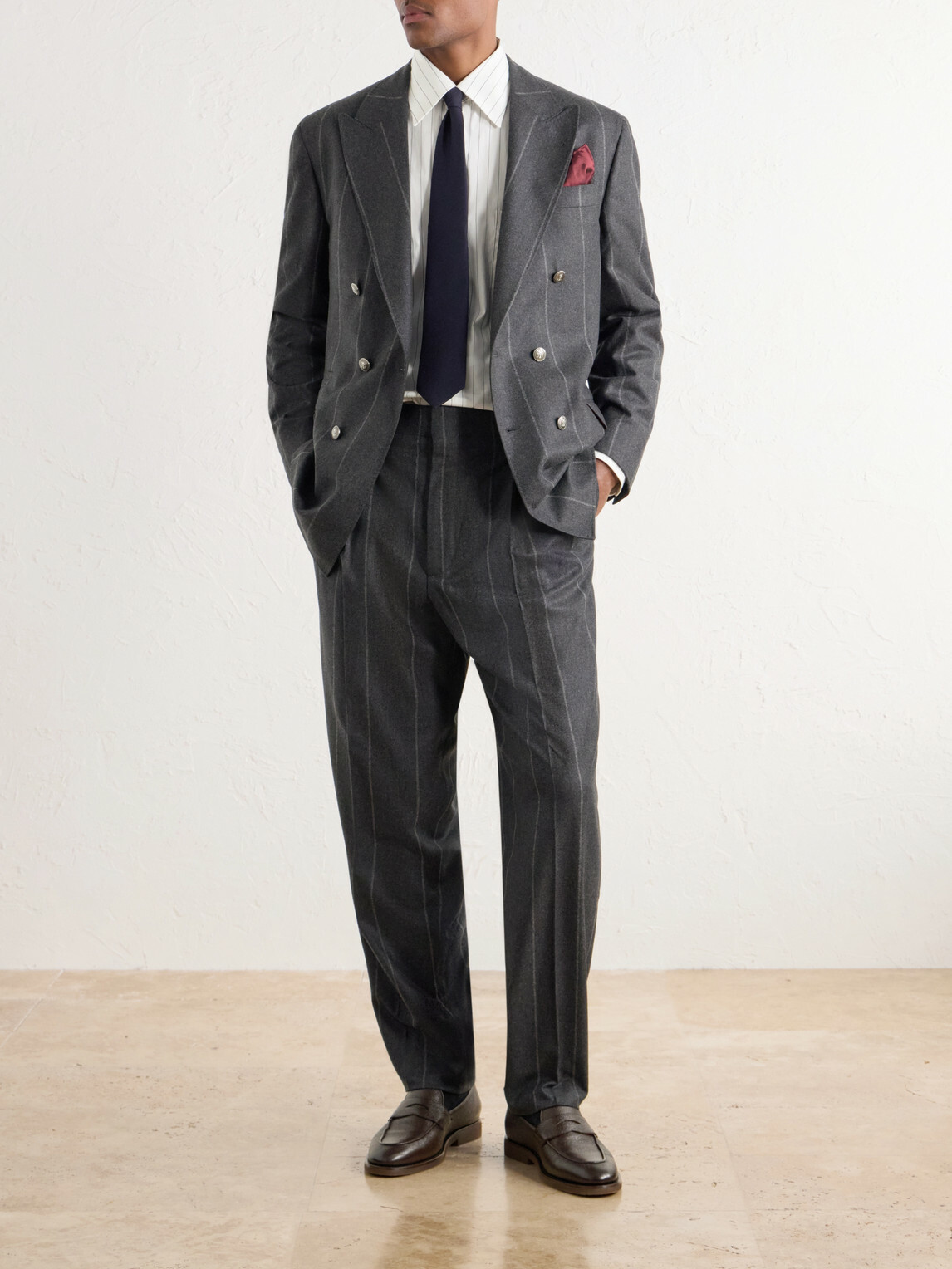 Brunello Cucinelli - Double-Breasted Pinstriped Wool, Cashmere and Silk-Blend Flannel Suit Jacket - Gray