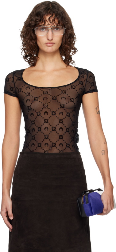 Photo: Marine Serre Black Recycled Mesh Flock Open Neck T-shirt
