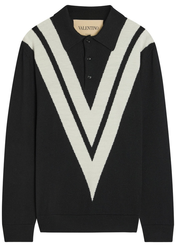 Photo: Valentino Garavani Vlogo-intarsia Wool Polo Jumper Black And White