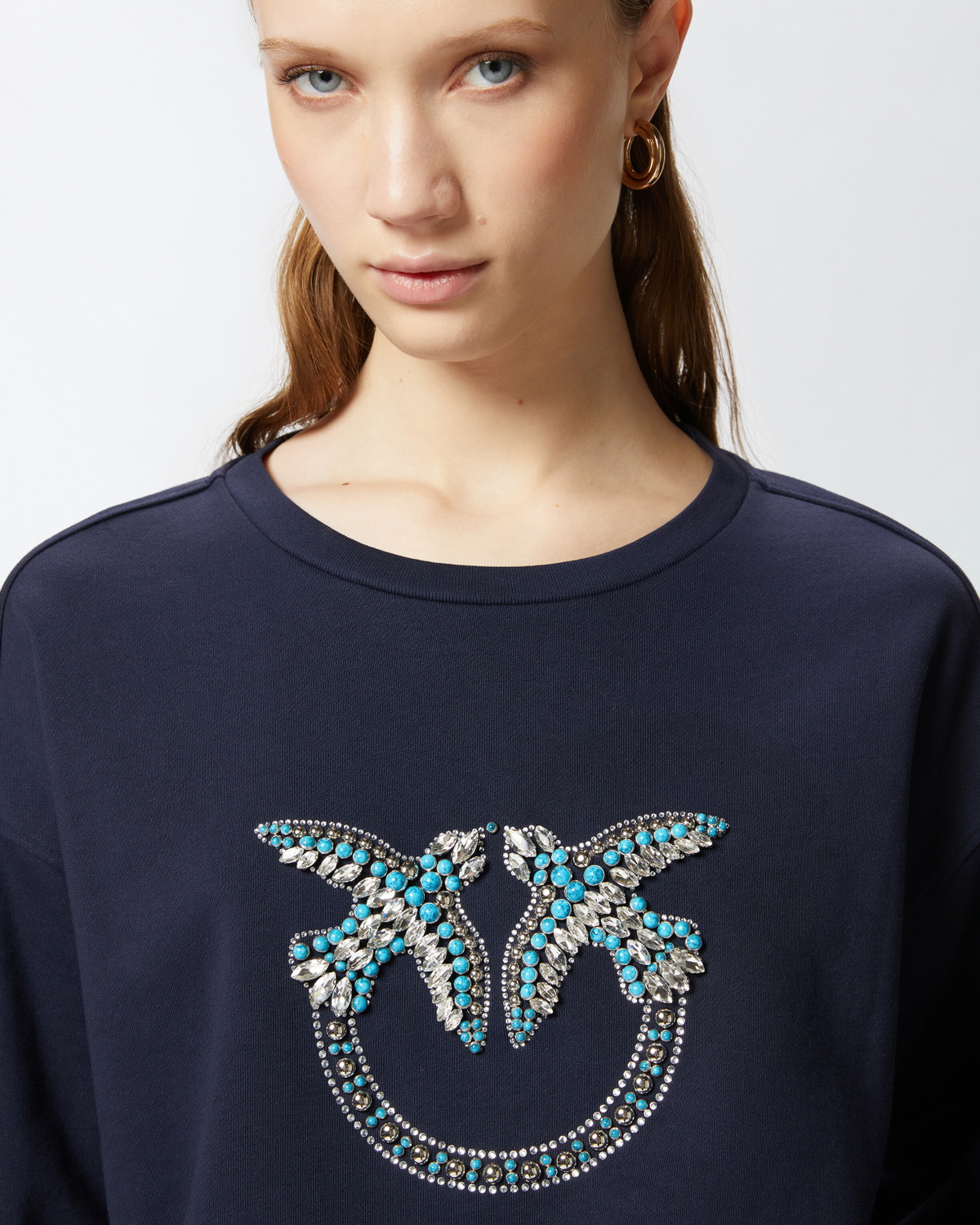 Pinko Crew Neck Sweatshirt With Love Birds Jewel Embroidery Abyss Blue