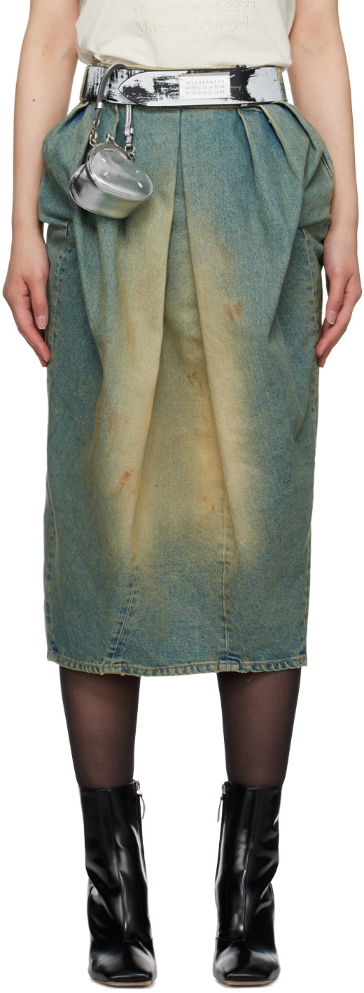 Maison Margiela Blue Pleated Denim Midi Skirt Maison Margiela