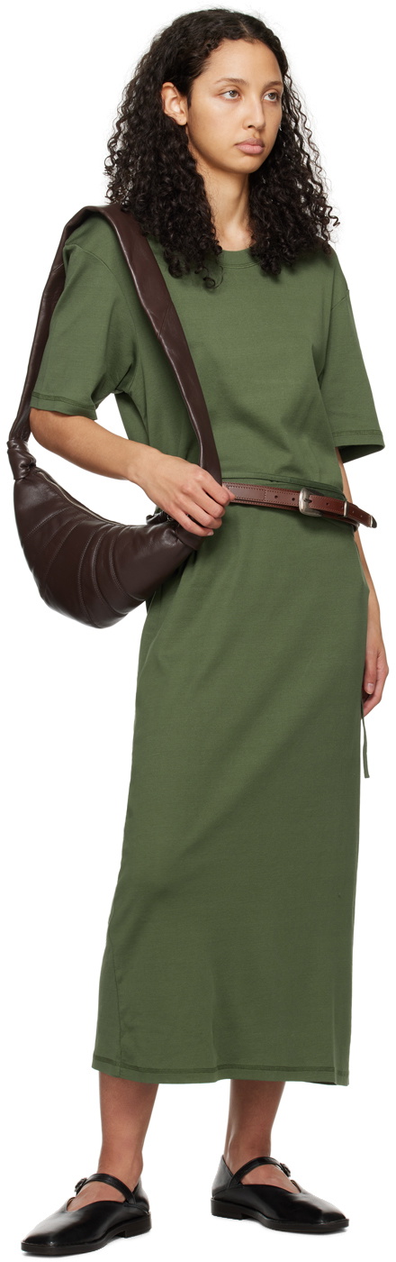 knee length dresses for ladies Green Embroidered Lace Belted Midi Dress