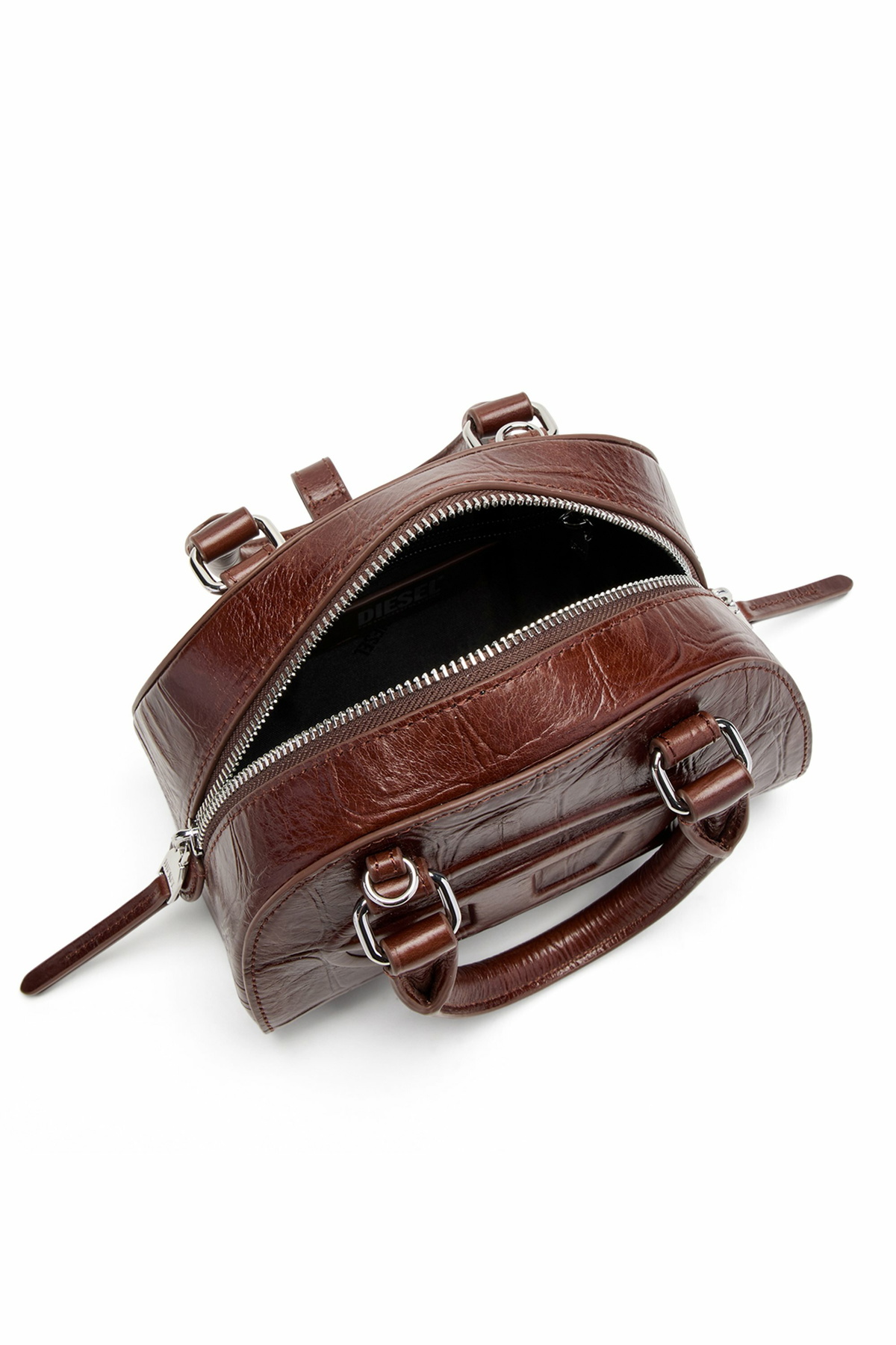 Diesel 1DR Dome-Mini bowling bag in croc-effect leather - Crossbody Bags Womens in Brown