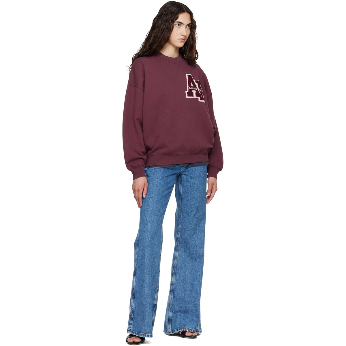 ANINE BING Burgundy Miles Oversized Letterman Sweatshirt