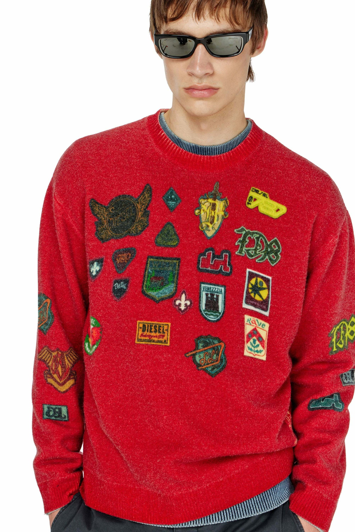 Diesel Wool jumper with printed patches - Knitwear Mens in Red