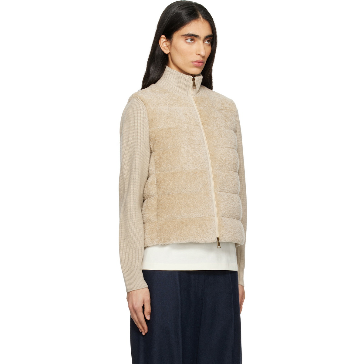 Moncler Beige Padded Teddy & Wool Zip-Up Down Jacket