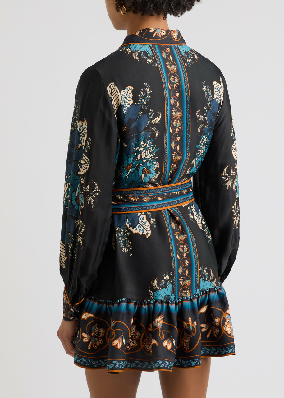 Farm Rio Blossom Tapestry Floral-print Satin Mini Dress