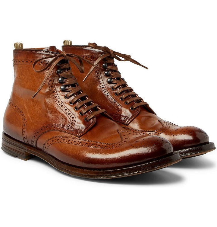 Photo: Officine Creative - Anatomia Burnished-Leather Brogue Boots - Men - Brown
