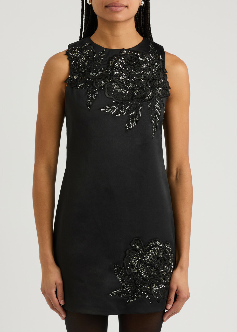 Alice + Olivia Clyde Embellished Satin Mini Dress Black
