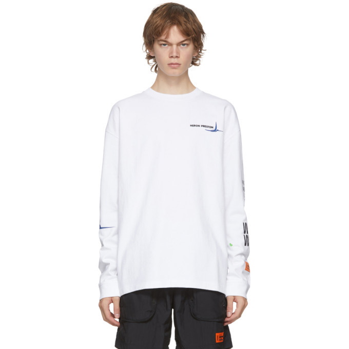 Photo: Heron Preston White and Blue World Wide Love Long Sleeve T-Shirt