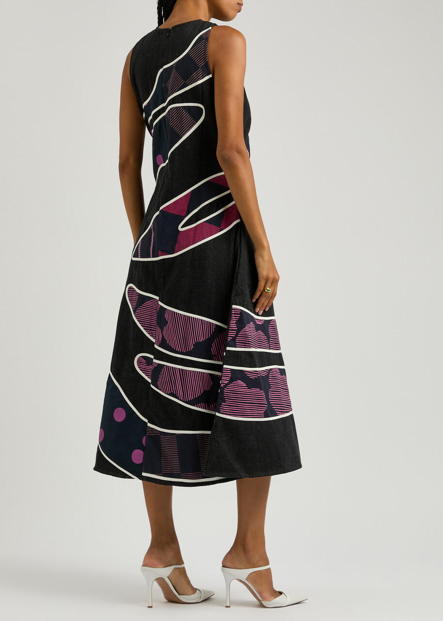 Lovebirds Printed and Appliquéd Denim Dress Black