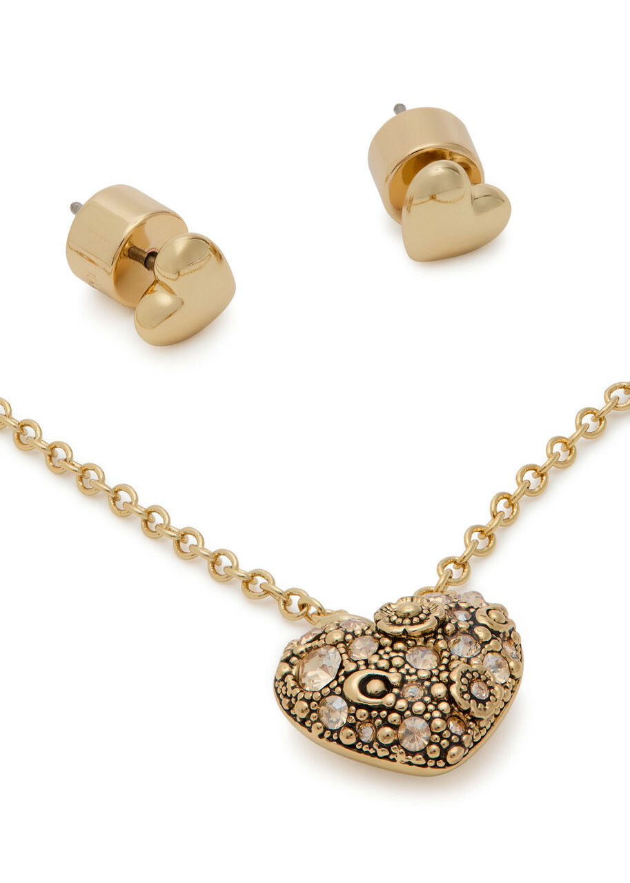 Coach Heart Stud Earrings and Necklace set - Crystal - One Size