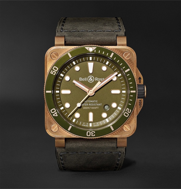 Photo: Bell & Ross - BR 03-92 Diver Limited Edition Automatic 42mm Bronze, Stainless Steel and Leather Watch - Green