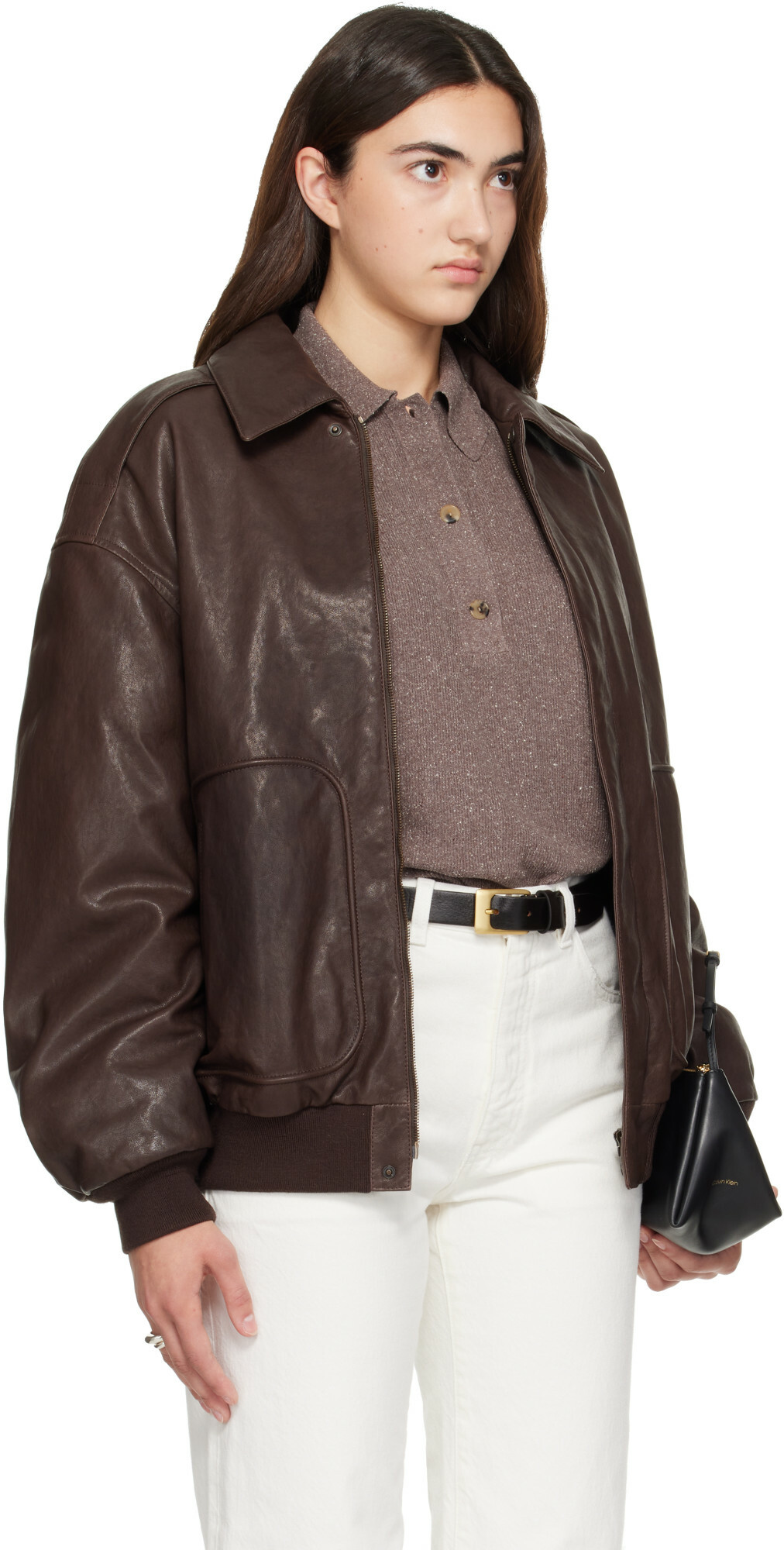 Calvin Klein Collection Brown Leather Bomber Jacket