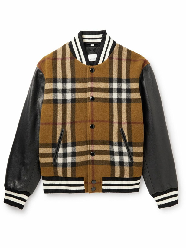 Photo: Burberry - Checked Wool-Blend and Full-Grain Leather Varsity Jacket - Brown