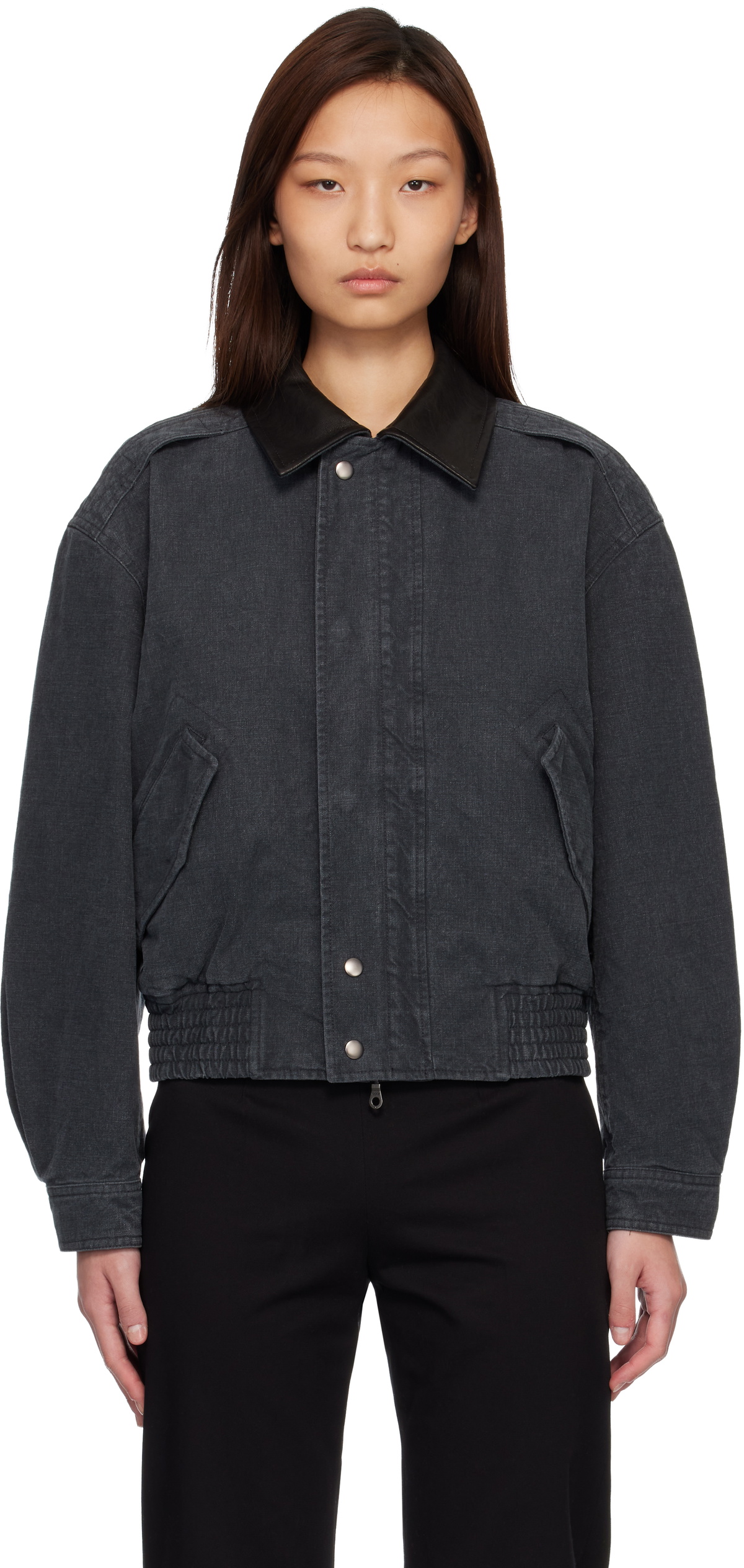 COOR Navy Leather Collar Washed Cationized Bomber Jacket