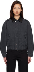COOR Navy Leather Collar Washed Cationized Bomber Jacket