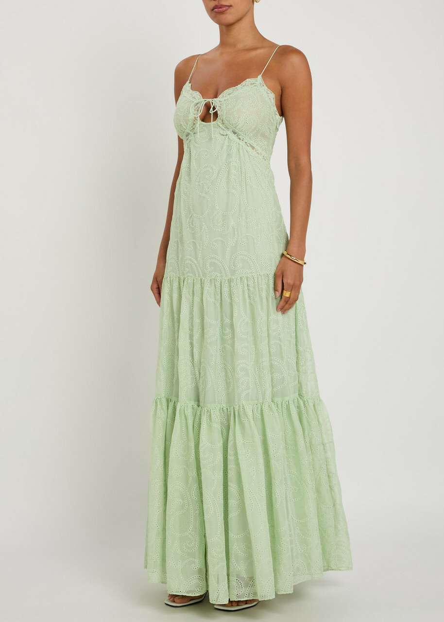 Alice + Olivia Nicky Embroidered Tiered Chiffon Maxi Dress Light Green
