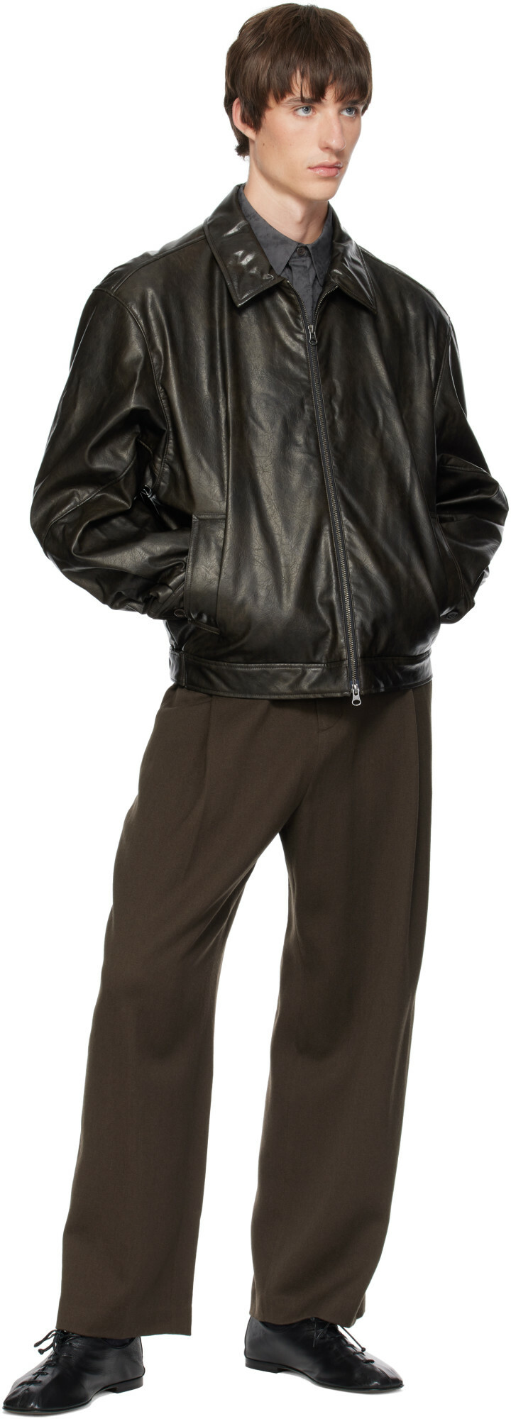 AMOMENTO Black Faux-Leather Bomber Jacket