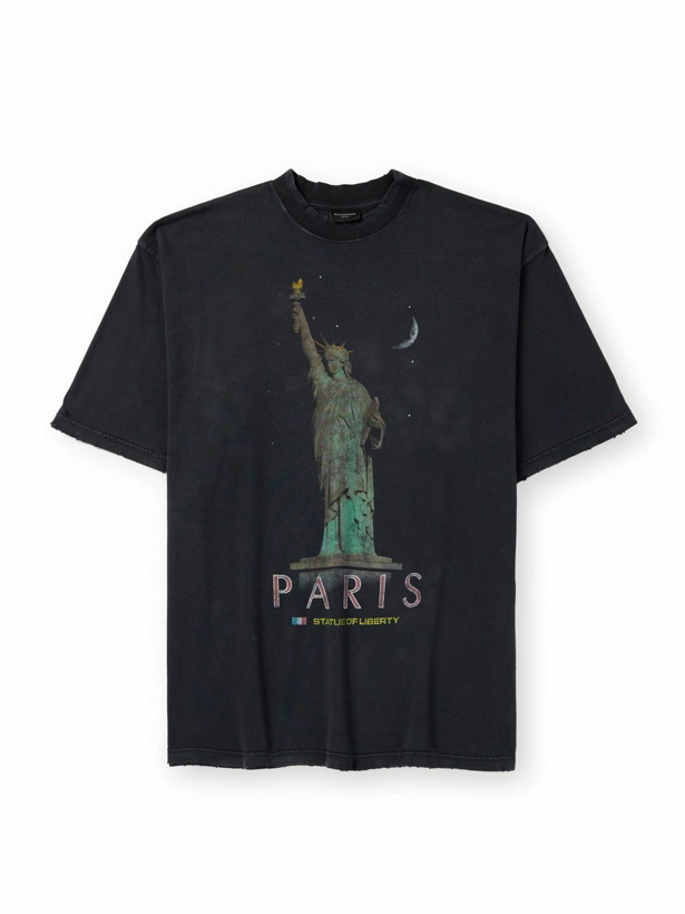 Photo: Balenciaga - Oversized Distressed Printed Cotton-Jersey T-Shirt - Black