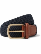 Anderson & Sheppard - 3.5cm Leather-Trimmed Woven Elastic Belt - Blue