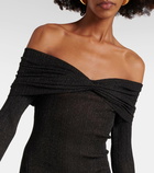 Aya Muse Off-shoulder ribbed-knit lamé minidress