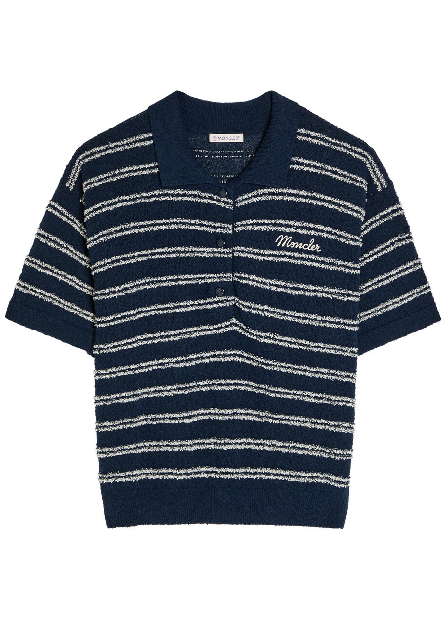 Moncler Striped Logo Terry Polo Shirt Navy