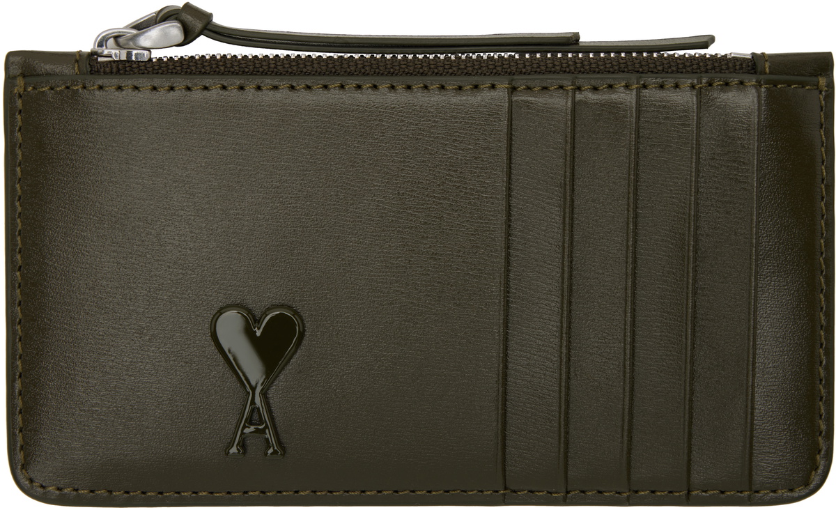 AMI Paris Khaki Leather Zipped Card Holder