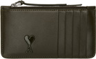 AMI Paris Khaki Leather Zipped Card Holder