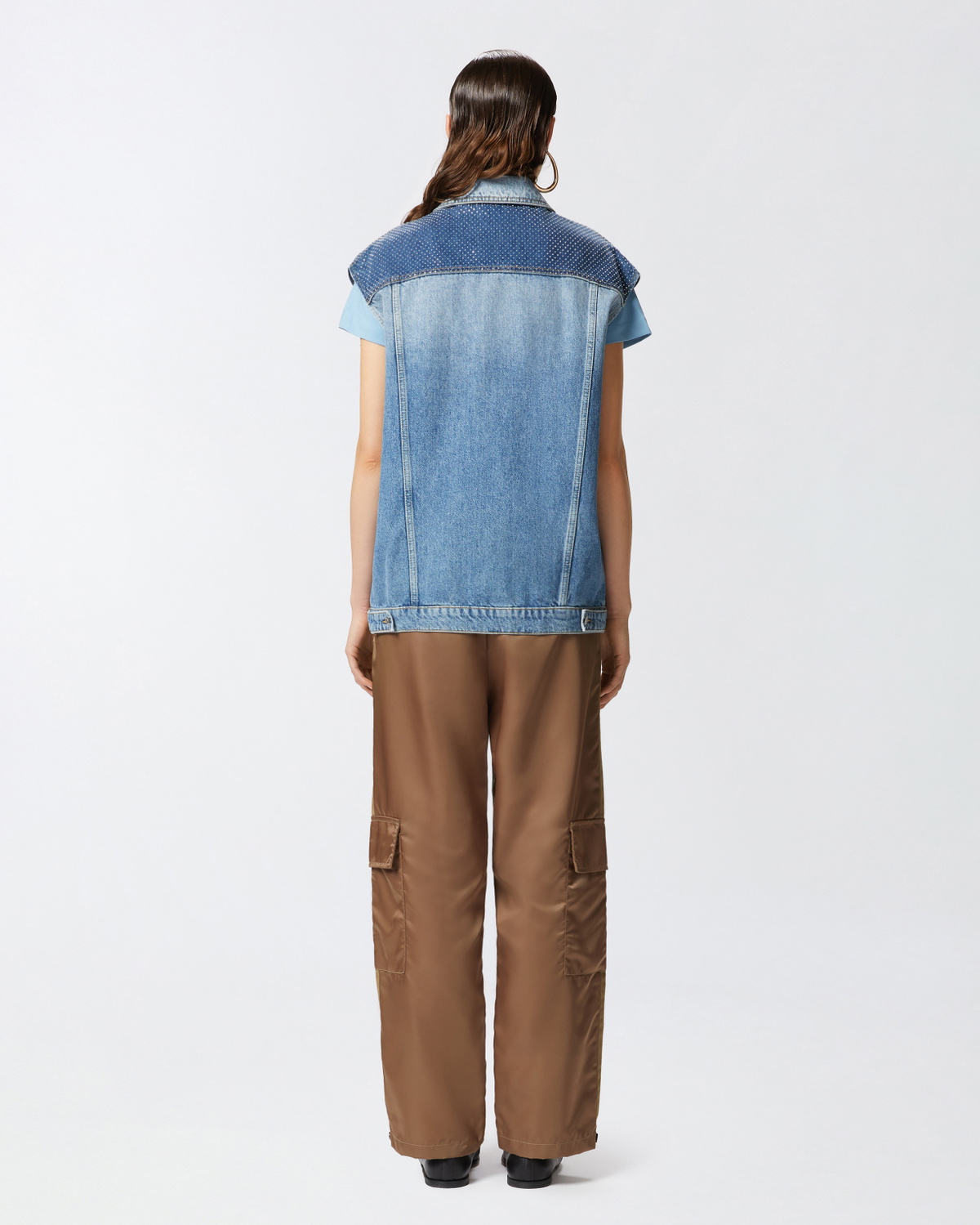 Pinko Sleeveless Denim Jacket With Mini Studs Mid Wash