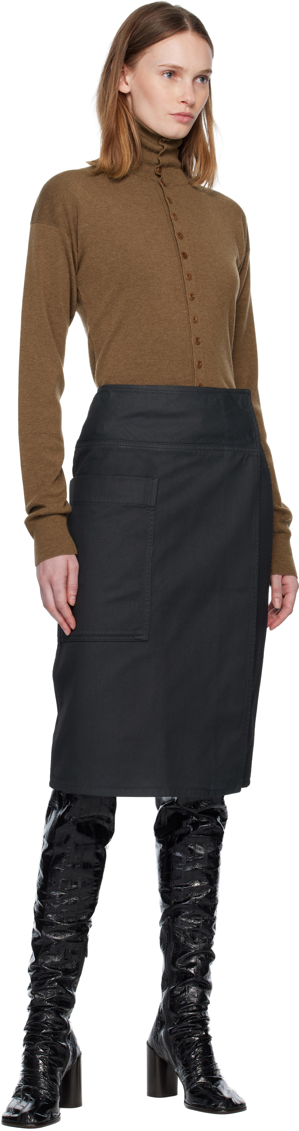 LEMAIRE Gray Apron Denim Midi Skirt
