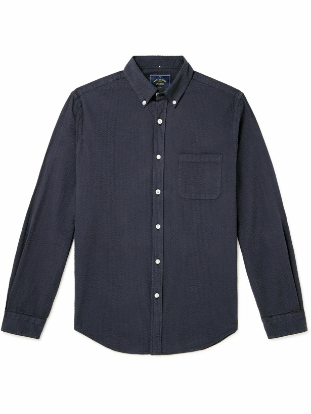 Photo: Portuguese Flannel - Atlantico Slim-Fit Button-Down Collar Cotton-Seersucker Shirt - Blue