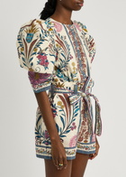 Farm Rio Romantic Lightness Printed Belted Cotton Playsuit Cream