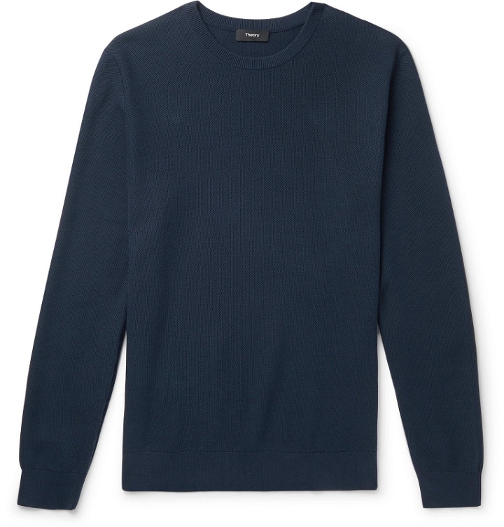 Photo: Theory - Riland Cotton-Blend Piqué Sweater - Blue