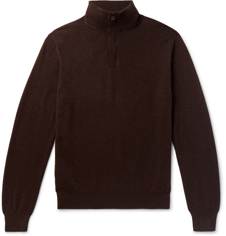 Photo: Ermenegildo Zegna - Slim-Fit Nubuck-Trimmed Cashmere Half-Zip Sweater - Dark brown