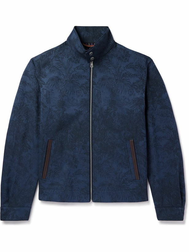 Photo: Etro - Leather-Trimmed Cotton and Wool-Blend Jacquard Bomber Jacket - Blue