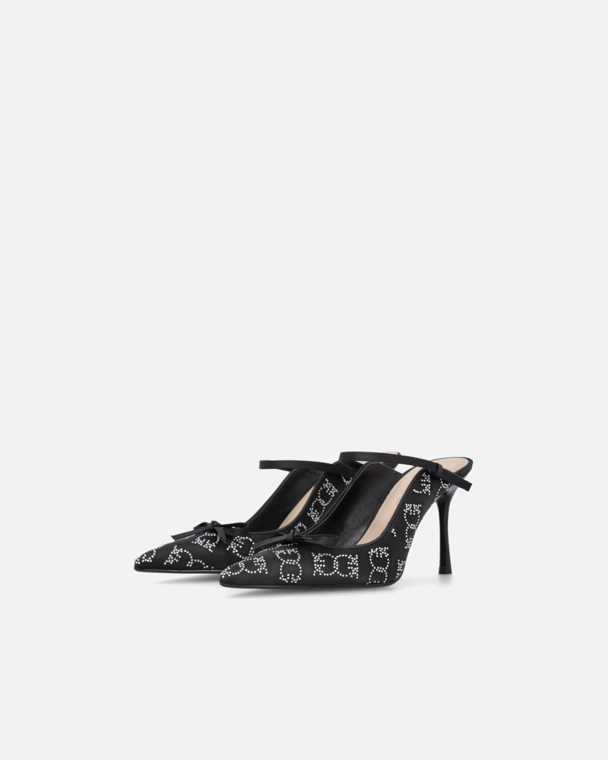 Pinko Rhinestoned Satin Slip Ons With Heel Limo Black