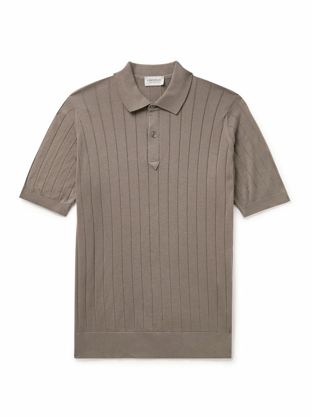 Photo: John Smedley - Ribbed Sea Island Cotton Polo Shirt - Brown