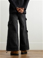 Liberal Youth Ministry - Wide-Leg Logo-Print Distressed Denim Cargo Trousers - Black