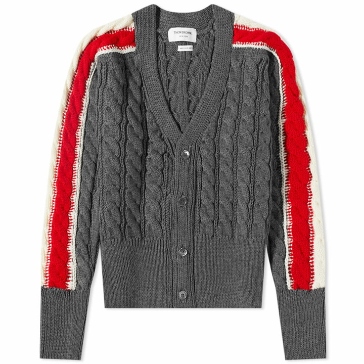 Photo: Thom Browne Men's Tricolour Sleeve Stripe Cable Knit Cardigan in Med Grey
