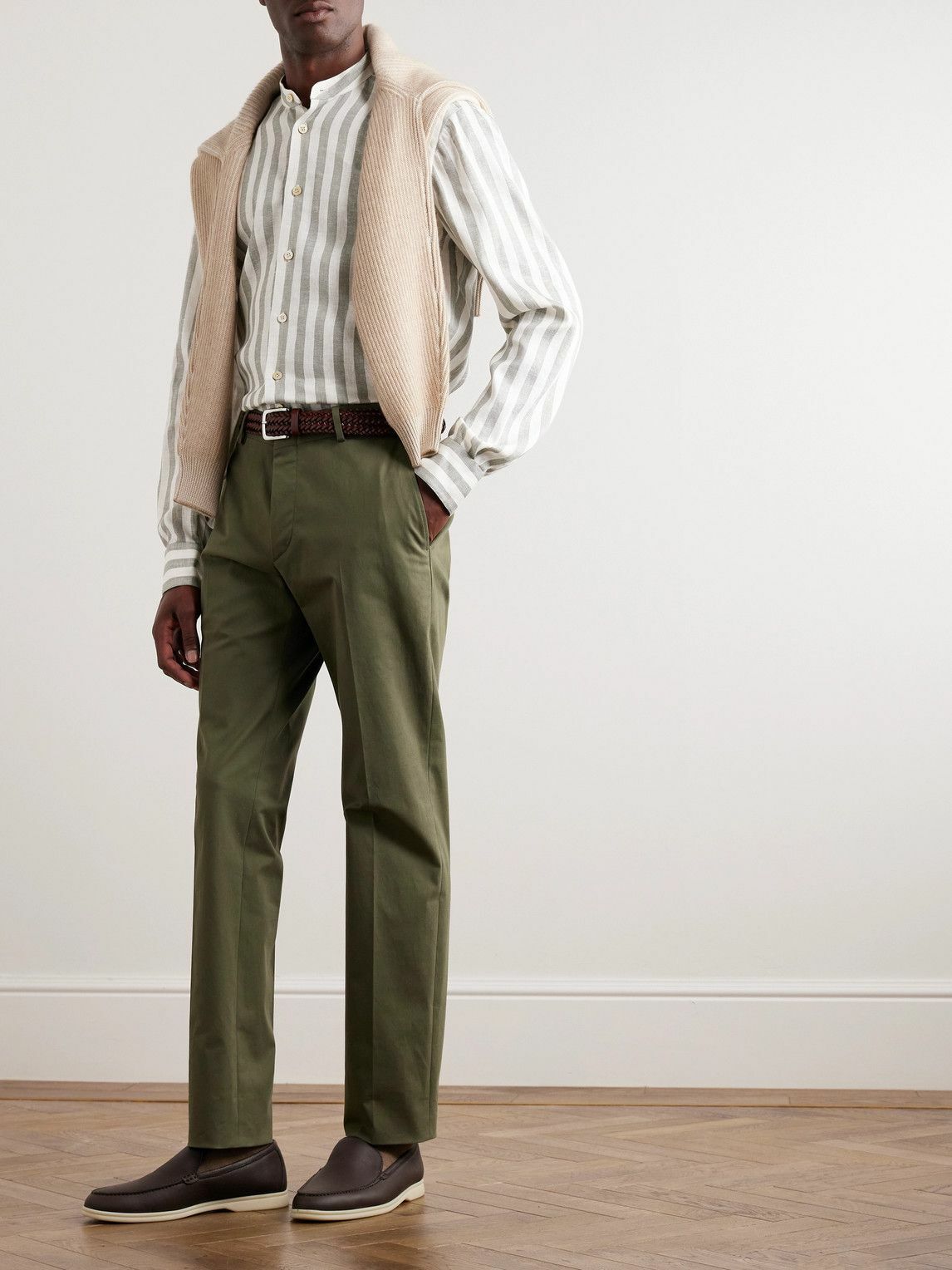 Kiton - Grandad-Collar Striped Linen-Blend Shirt - Green