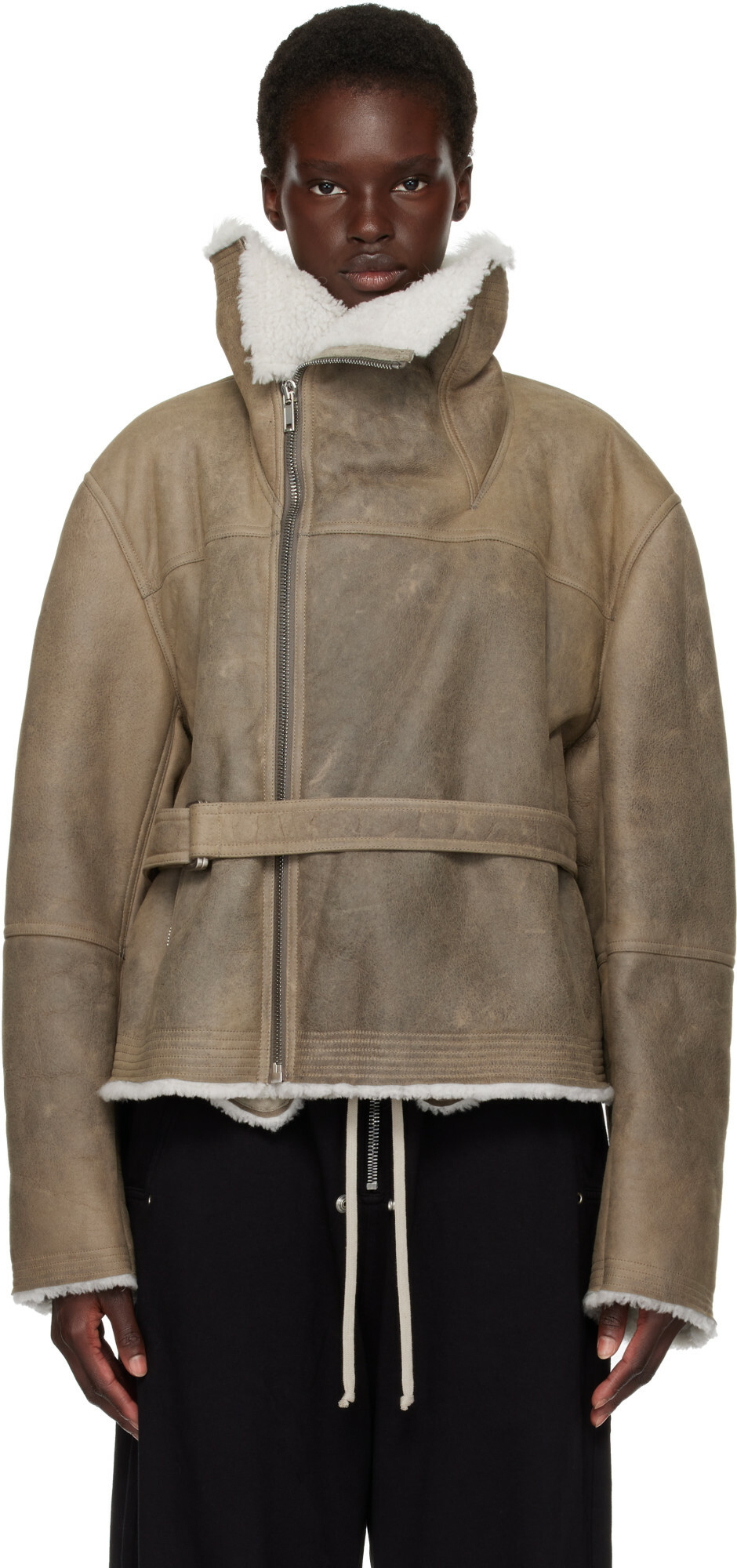 Rick Owens Gray Tower Shearling Cropped Flight Jacket