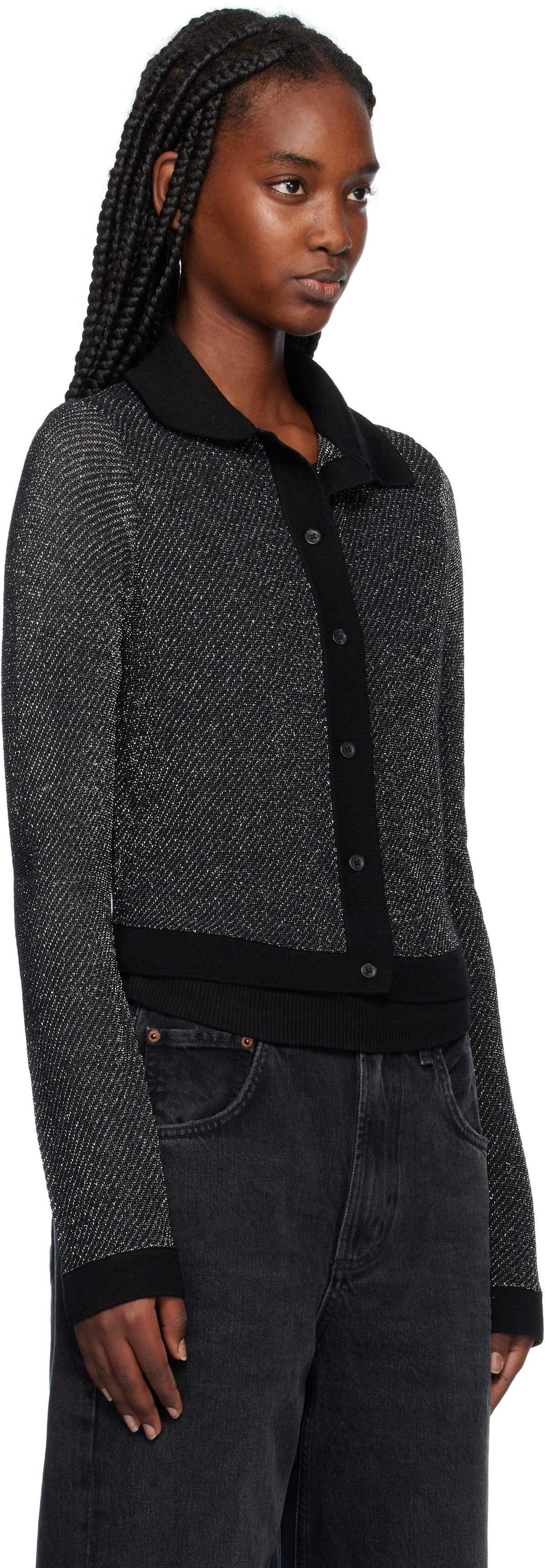 Re/Done Black & Silver Lurex Polo Cardigan