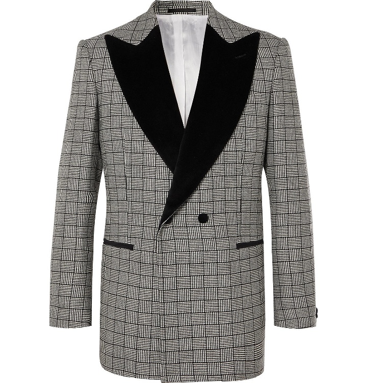 Photo: Maximilian Mogg - Black Double-Breasted Velvet-Trimmed Basketweave Wool Tuxedo Jacket - Gray
