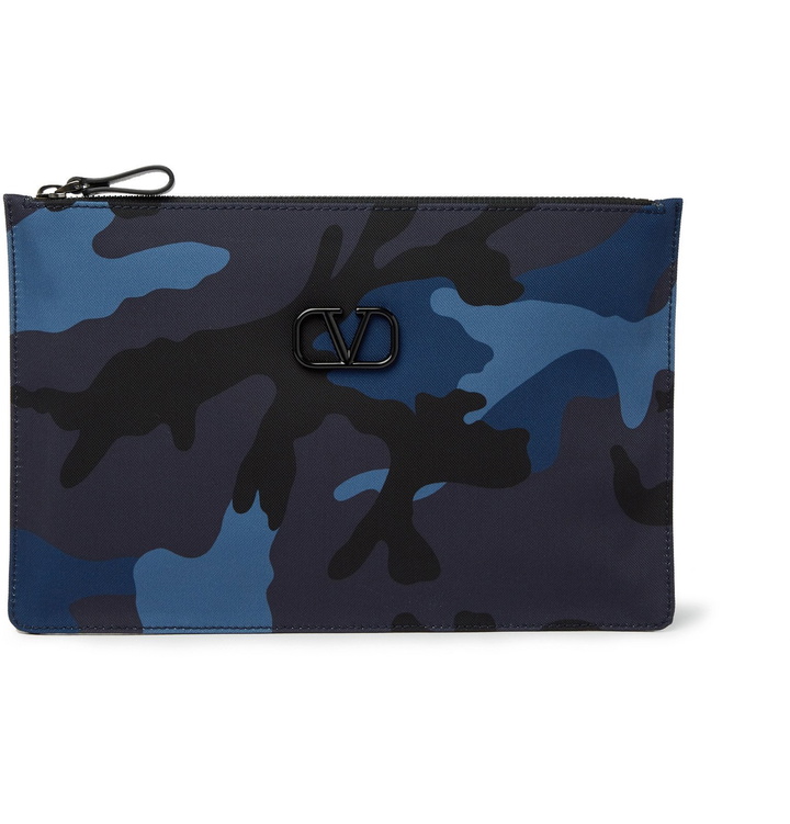 Photo: Valentino - Valentino Garavani Logo-Appliquéd Camouflage-Print Canvas Pouch - Blue