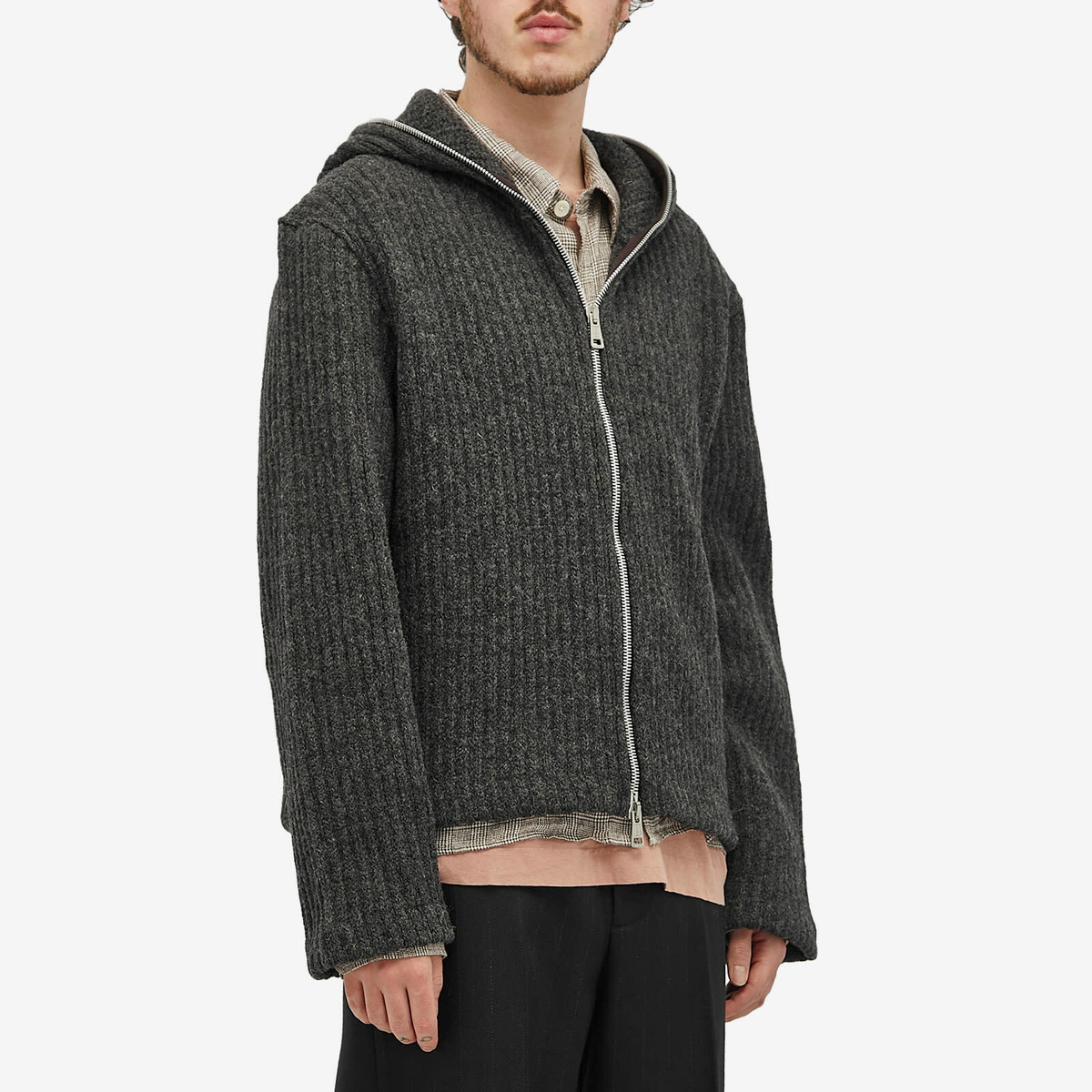 Our Legacy Men's Rib Wool Full Zip Hoodie in Anthracite Mega Rib Wool