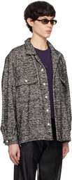 International Gallery BEAMS Black & White Herringbone Tweed Open Collar Shirt